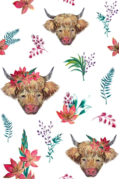 Watercolor bull pattern for celebration decoration design. Textile pattern. Watercolor illustration design. Forest illustration. Chinese horoscope.