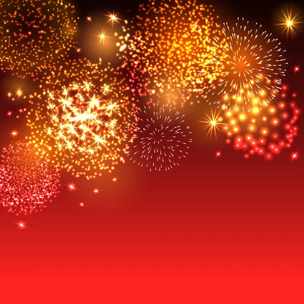 Fuegos artificiales de oro en el fondo rojo — Vector de stock