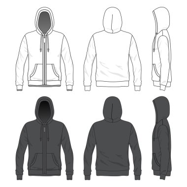 Ön, arka ve yan fermuar ile boş hoodie görünümlerini