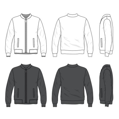 Front, back and side views of blank bomber jacket with zipper  clipart