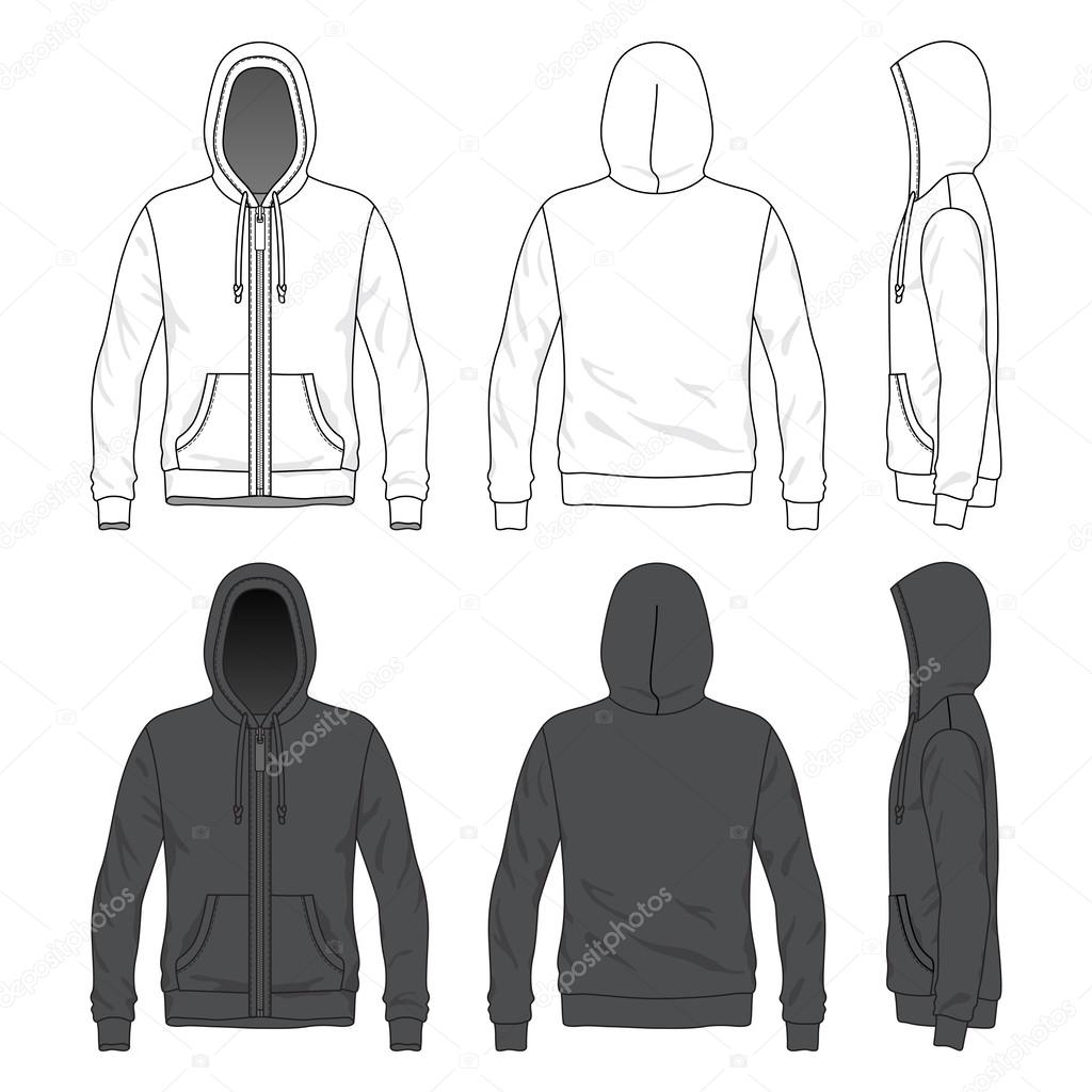 Front, back and side views of blank hoodie with zipper