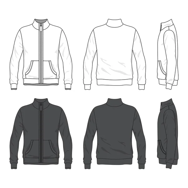 Vista frontal, trasera y lateral de la chaqueta en blanco con cremallera — Vector de stock