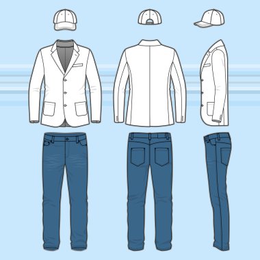 Simple outline drawing of a blazer, jeans and cap clipart