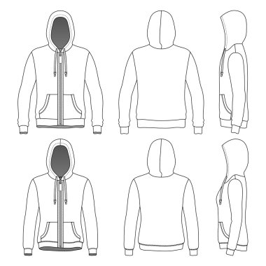 Ön, arka ve yan fermuar ile boş hoodie görünümlerini