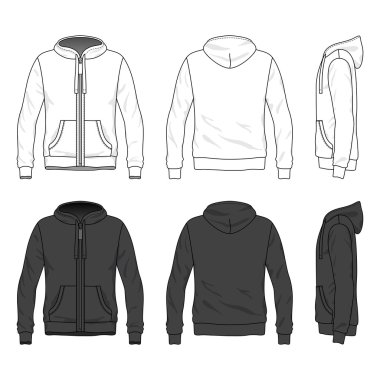 Ön, arka ve yan fermuar ile boş hoodie görünümlerini 