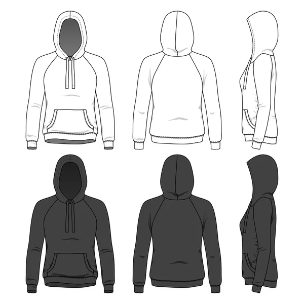 Vista frontal, trasera y lateral de la sudadera con capucha en blanco — Vector de stock