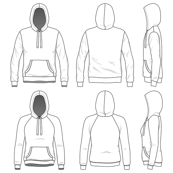 Vista frontal, trasera y lateral de la sudadera con capucha en blanco — Vector de stock