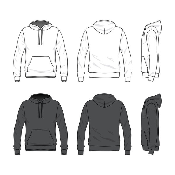 Front, back and side views of blank hoodie.