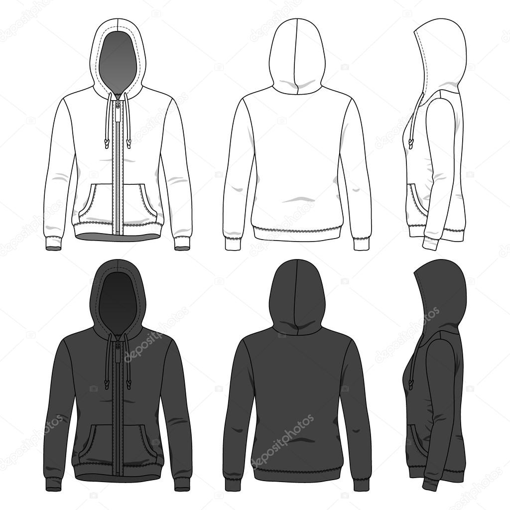 Front, back and side views of blank hoodie