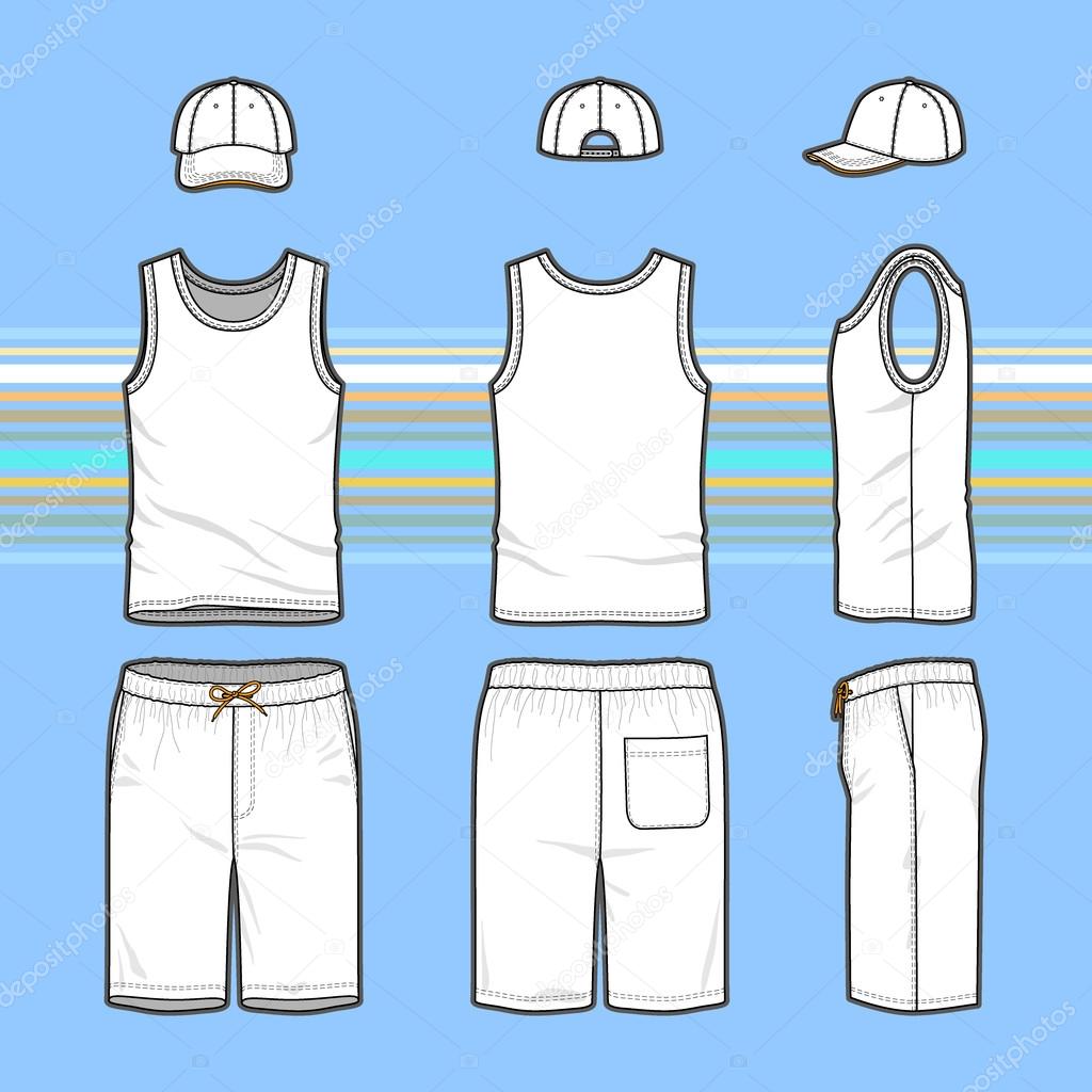 Men's t-shirt, cap and swim shorts set.