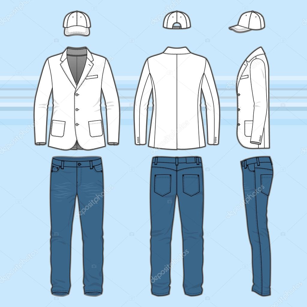 Simple outline drawing of a blazer, jeans and cap