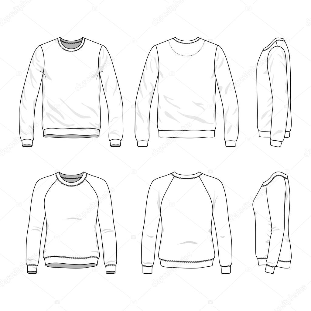 Front, back and side views of blank sweatshirt