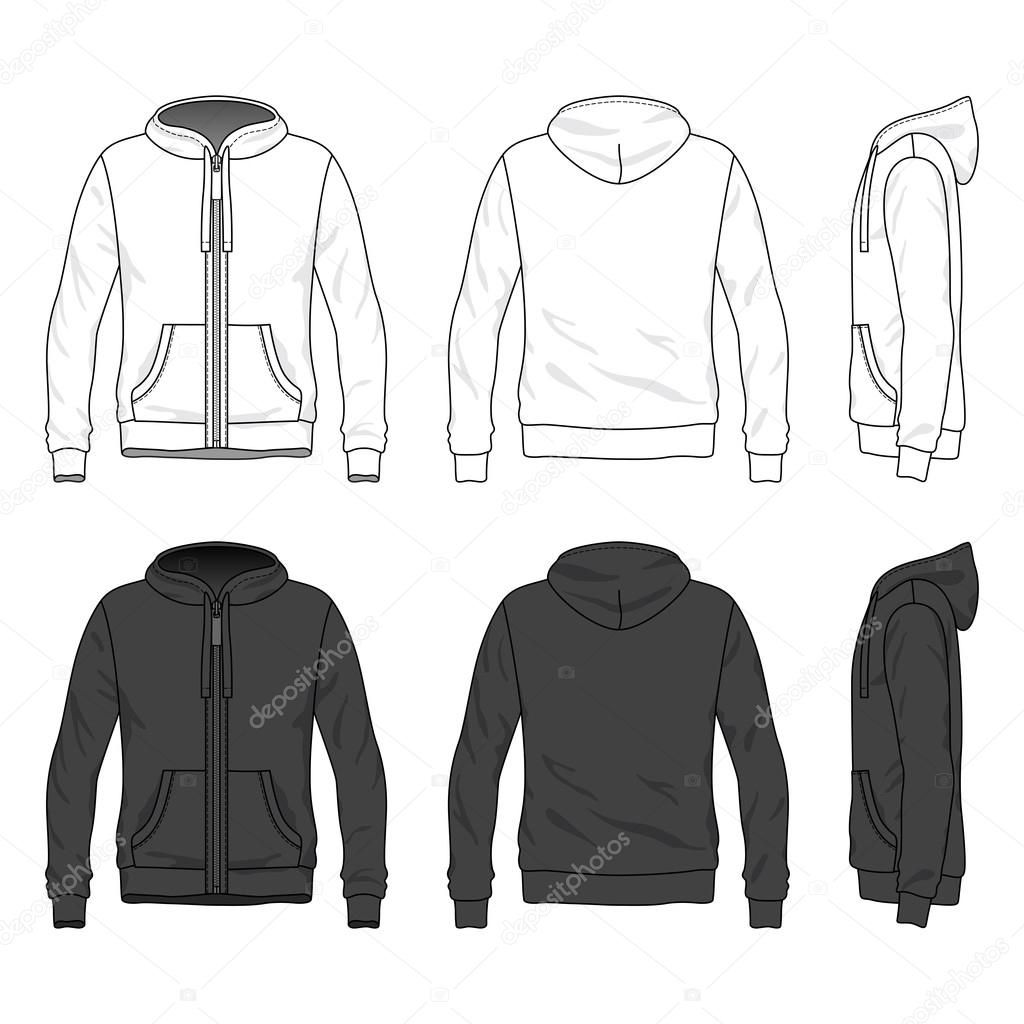 Front, back and side views of blank hoodie with zipper 