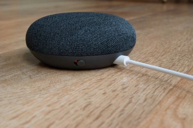 Google Home Mini kömür akıllı konuşmacısının yakın plan görüntüsü