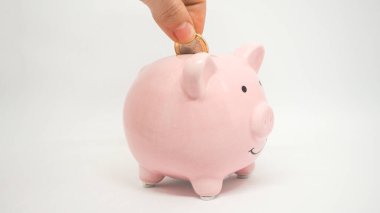 Pink piggy bank save coin on a white background. Hand add coin to piggy bank. Save coin, time, money and business concept. clipart