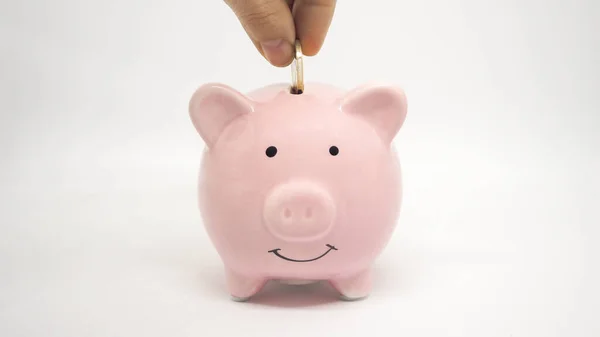 Pink Piggy Bank Coin White Background Hand Add Coin Piggy — Stock Photo, Image