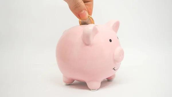 Pink piggy bank save coin on a white background. Hand add coin to piggy bank. Save coin, time, money and business concept.