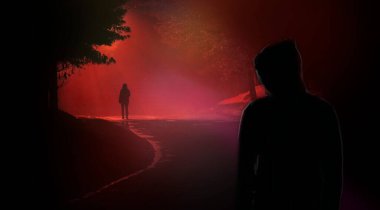 Sisli sisli yolda, gölgede bir adamla dramatik bir mistik sahnede yürüyen bir adam. Gizemli, yalnız bir kadın. Sapığı sisin içinde yürüyor. Metin için kopyalama alanı olan pankart.