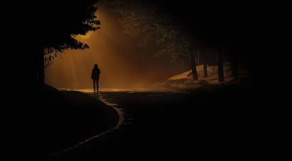Una Persona Cammina Nella Nebbiosa Strada Nebbiosa Una Drammatica Scena — Foto Stock