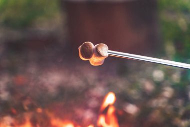 Gün batımında bir sonbahar kamp ateşinde marşmelov kızartan güzel bir kadın. Orman, orman, vahşi koltuklar ve arka planda silueti olan sıcak ve samimi bir kamp ateşi..