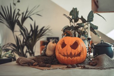 Masada mum ve güneş ışığı olan Cadılar Bayramı hayaleti kabak suratlı. İskelet, mum, fındık. Teal ve turuncu güzel natürmort.
