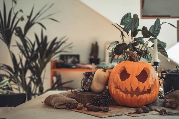 Halloween Spooky Pumpkin Face Candle Lit Table Sun Light Skeleton — Stock Photo, Image