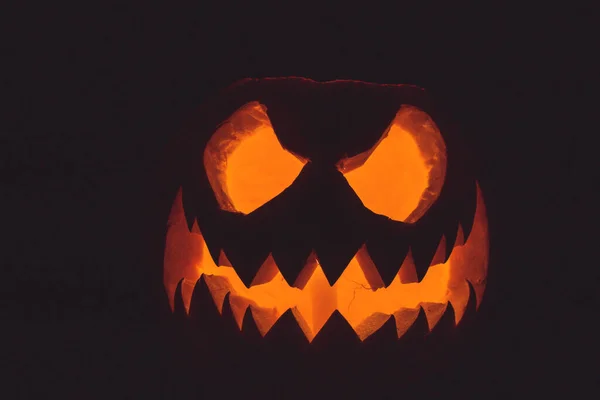 Halloween Pumpkin Face Candle Lit Black Background Spooky Face — Stock Photo, Image