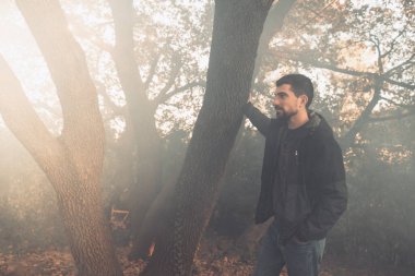 Yakışıklı genç adam sonbahar güneşli sabahında sisli ormanda tek başına yürüyor. Sıcak vintage renkler.