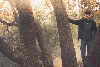 Yakışıklı genç adam sonbahar güneşli sabahında sisli ormanda tek başına yürüyor. Sıcak vintage renkler.