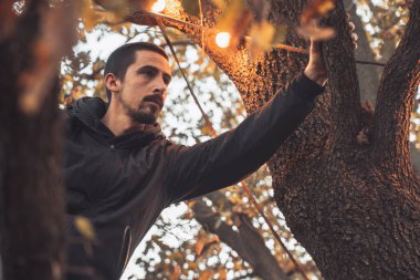 Yakışıklı genç adam sonbahar güneşli sabahında sisli ormanda tek başına yürüyor. Sıcak vintage renkler.