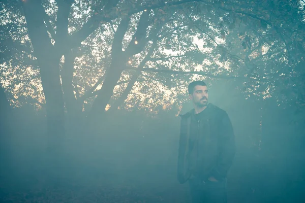 Yakışıklı genç adam sonbahar güneşli sabahında sisli ormanda tek başına yürüyor. Sıcak vintage renkler.
