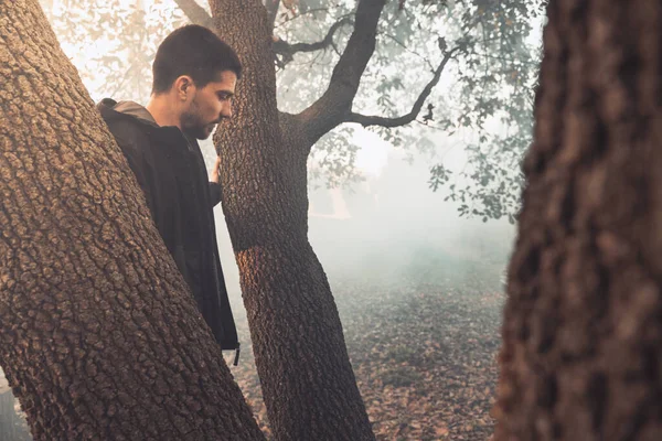 Yakışıklı genç adam sonbahar güneşli sabahında sisli ormanda tek başına yürüyor. Sıcak vintage renkler.