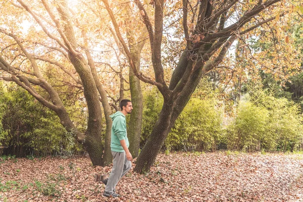 Hombre Guapo Bosque Otoño Disfrutando Naturaleza Libertad Salvaje Concepto Viaje — Foto de Stock