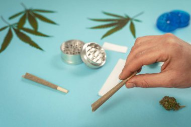 Elinde önceden sarılmış CBD tıbbi marihuana ve mavi renkli kenevir yaprakları var. Organik ve doğal kenevir bazlı kozmetik ve güzellik ürünleri. Tıbbi kenevir konsepti. Durgun hayat.