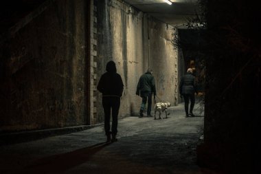 Gecenin karanlığında dramatik bir karanlık sokakta yalnız bir kadın yürüyor. Tehlike ve korkunç kavram.