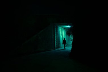 Gecenin karanlığında dramatik bir karanlık sokakta yalnız bir kadın yürüyor. Tehlike ve korkunç kavram.