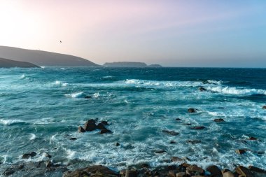Gün batımında dalgaların inanılmaz gücü kayalara çarpıyor. Büyük okyanus dalgası kıyıları kırıyor. Doğa kavramının güzelliği. Güzel deniz manzarası. Duvar kağıdı, arkaplan.