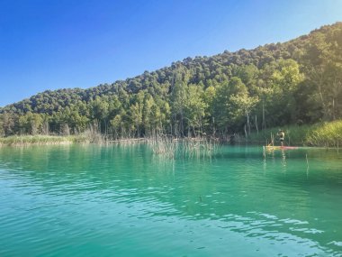Çekici ve güçlü bir adam gölde şeffaf suların tadını çıkarıyor. Tropik seyahat, seyahat tutkusu ve su aktivitesi konsepti. Paddle Surf su sporları. Yaz tatilleri.