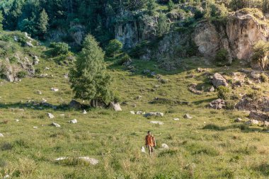Turuncu gömlekli genç adam yeşil bir dağın tepesinde yürüyor ve manzaranın tadını çıkarıyor. Cennet çim dağı. Yaşam tarzı rahatlama ve özgürlük. Doğa kavramının güzelliği.
