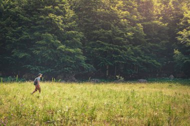 Genç adam yeşil bir dağın tepesinde gün batımında muhteşem manzara manzarasının tadını çıkarıyor. Cennet çim dağı. Yaşam tarzı rahatlama ve özgürlük. Doğa kavramının güzelliği.