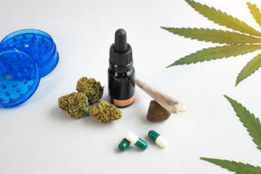 Beyaz arka planda CBD yağı, kapsüller ve kenevir tomurcukları. Organik ve doğal kenevir bazlı kozmetik ve güzellik ürünleri. Tıbbi kenevir konsepti. Alternatif tıp. Metin için alanı kopyala.