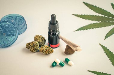 Beyaz arka planda CBD yağı, kapsüller ve kenevir tomurcukları. Organik ve doğal kenevir bazlı kozmetik ve güzellik ürünleri. Tıbbi kenevir konsepti. Alternatif tıp. Metin için alanı kopyala.