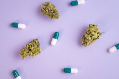 CBD yağı, kapsüller ve kenevir tomurcukları. Organik ve doğal kenevir bazlı kozmetik ve güzellik ürünleri. Tıbbi kenevir konsepti. Alternatif tıp. Metin için alanı kopyala.