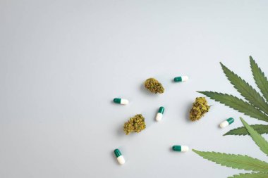 Beyaz arka planda CBD yağı, kapsüller ve kenevir tomurcukları. Organik ve doğal kenevir bazlı kozmetik ve güzellik ürünleri. Tıbbi kenevir konsepti. Alternatif tıp. Metin için alanı kopyala.