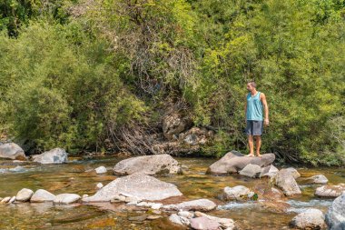 Çekici bir adam nehir kayalarında ayı ayağı gibi duruyor. Hayalperest adam rahatlıyor ve manzarayı seyrediyor. Yaşam tarzı özgürlüğü. Doğa kavramının güzelliği. Seyahat ve tatil kavramı.