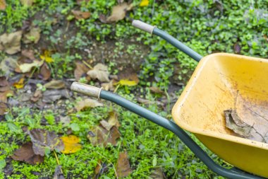 Güzel sarı el arabası. Yapraklı sonbahar arkaplanı. Oduncu Jack. Ahşap kavramı.