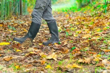Sonbahar yaprakları arka planında çizmeleri ve kare gömlekli oduncu..