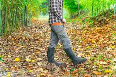 Sonbahar yaprakları arka planında çizmeleri ve kare gömlekli oduncu..