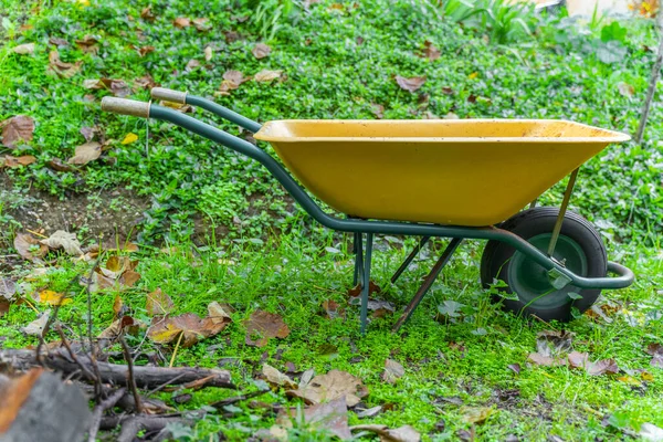 Beautiful Yellow Wheelbarrow Autumn Background Leaves Lumberjack Wood Concept — Stock Photo, Image