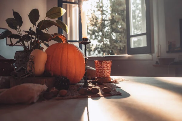 Halloween Pumpkin Table Decoration Skeleton Candles Nuts Teal Orange Beautiful — Stock Photo, Image